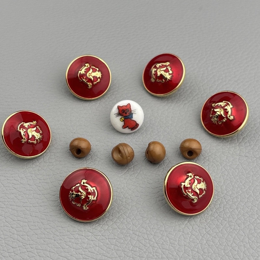 Vintage + New Plastic Red And Gold Color, Military,  Cat Print,‎ Beige Bead Styl